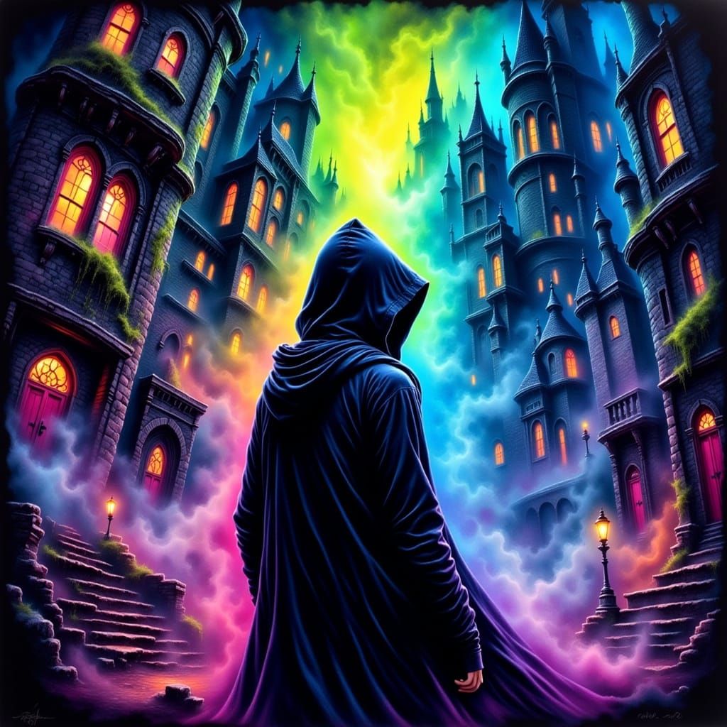 Hooded Figure Overlooking Vibrant Fantasy Cityscape at Night
