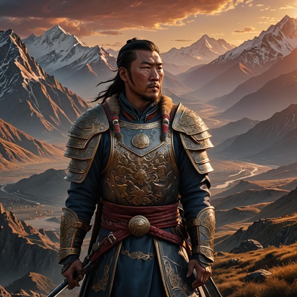 Mongol Warrior Portrait at Sunset, Detailed Matte Painting