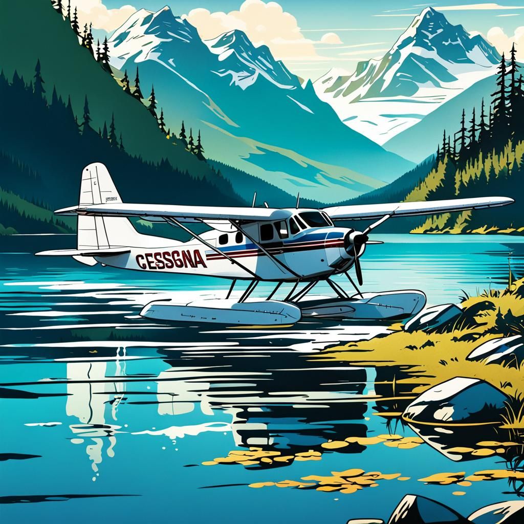 Cessna 206 Seaplane on Alaskan Lake in Anime Style