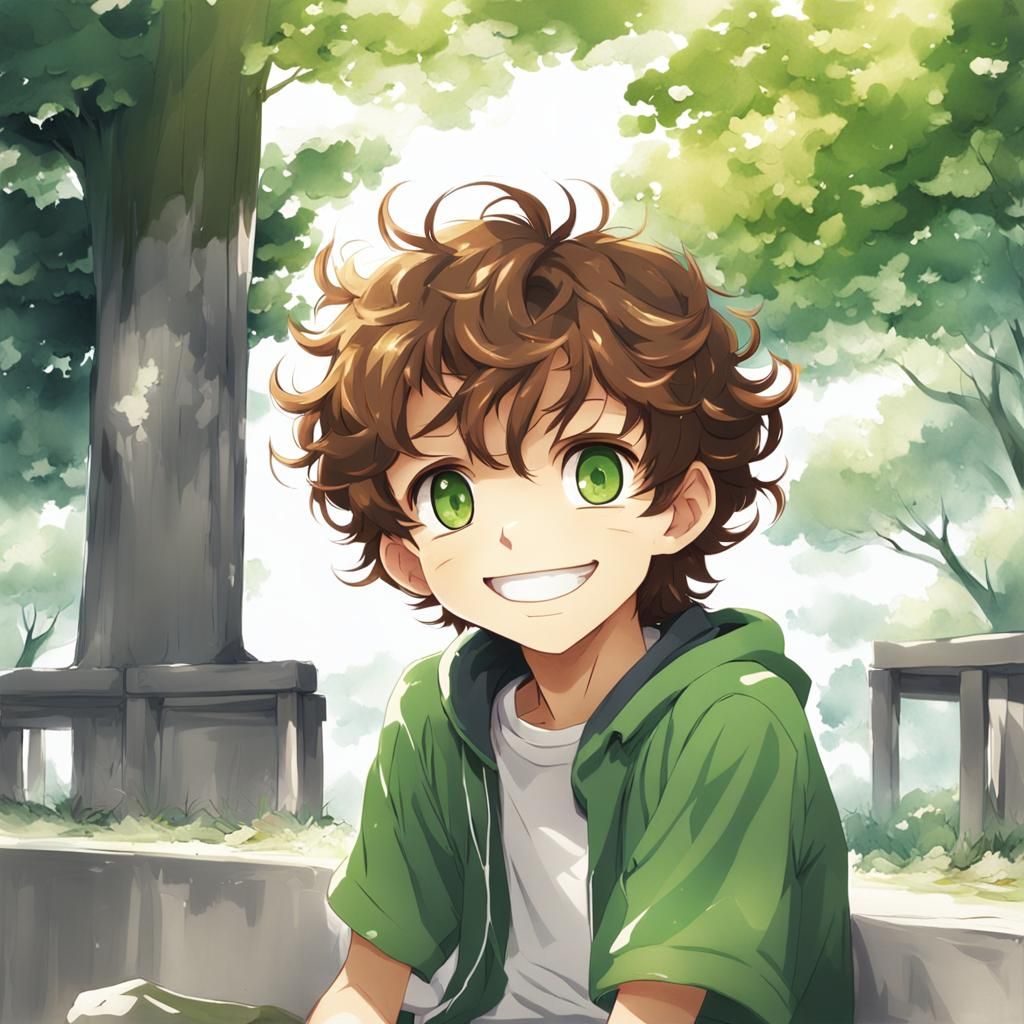 Anime-Style Portrait of a Boy with Green Eyes