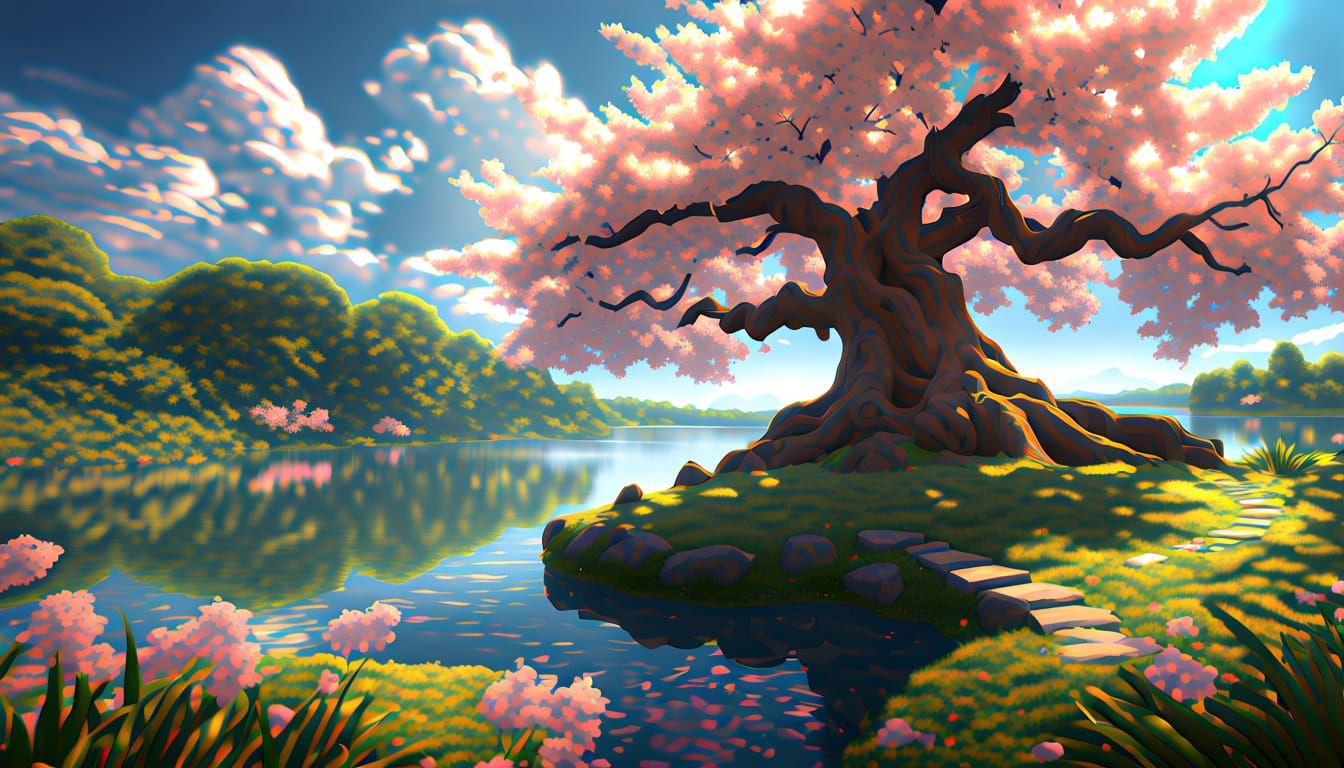 Cosmic Sakura Tree with Japanese Temple in Anime Style