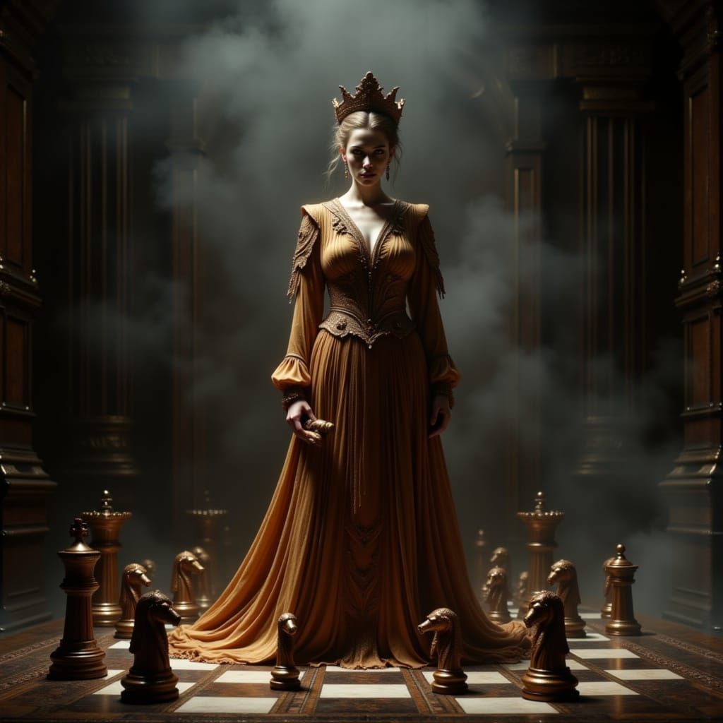 Chess Queen in Gown of Wood and Shadow