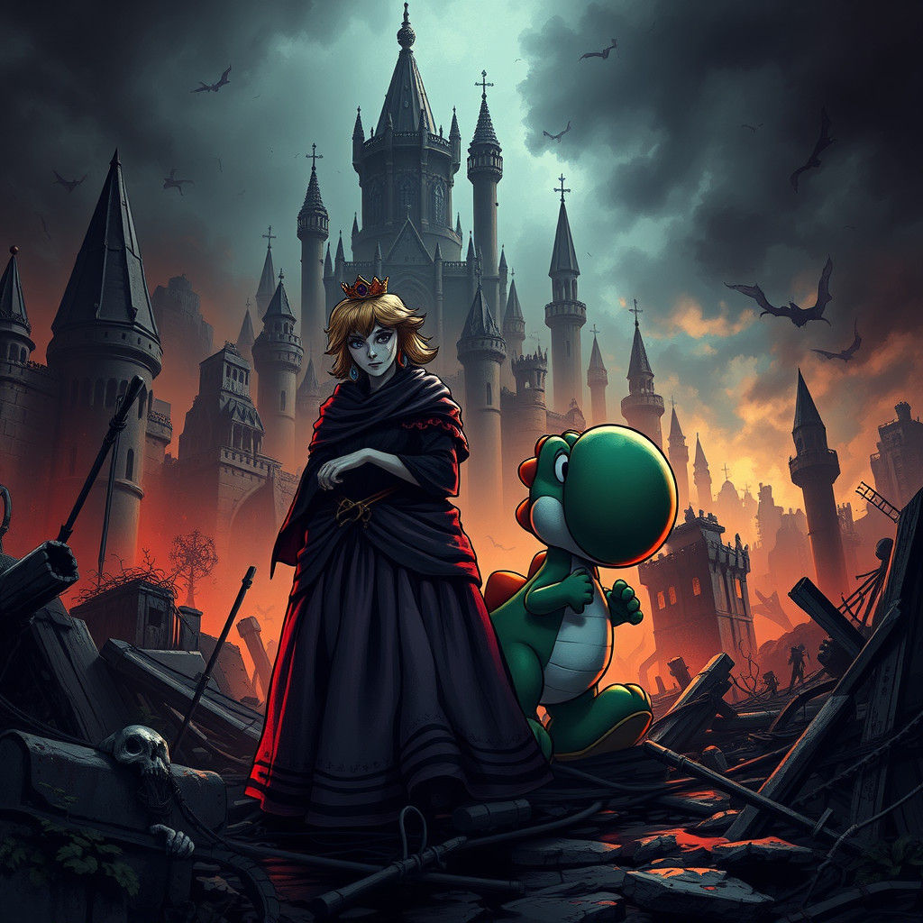 Princess Peach and Yoshi in Dark Fantasy World