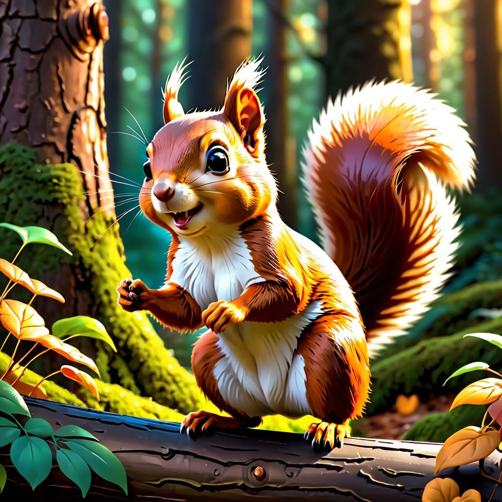 Whimsical Squirrel Steals Food in Golden Light