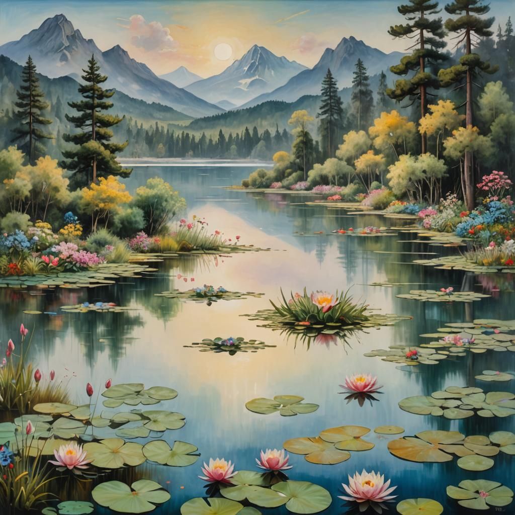 Ethereal Mountain Lake Landscape in Dreamlike Style