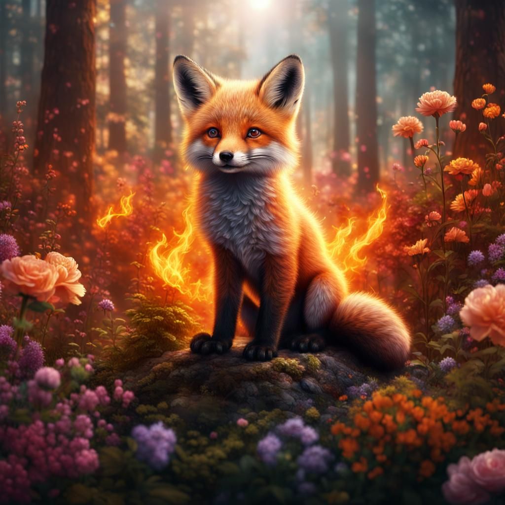 Fiery Fox in Floral Forest: Digital Matte Painting