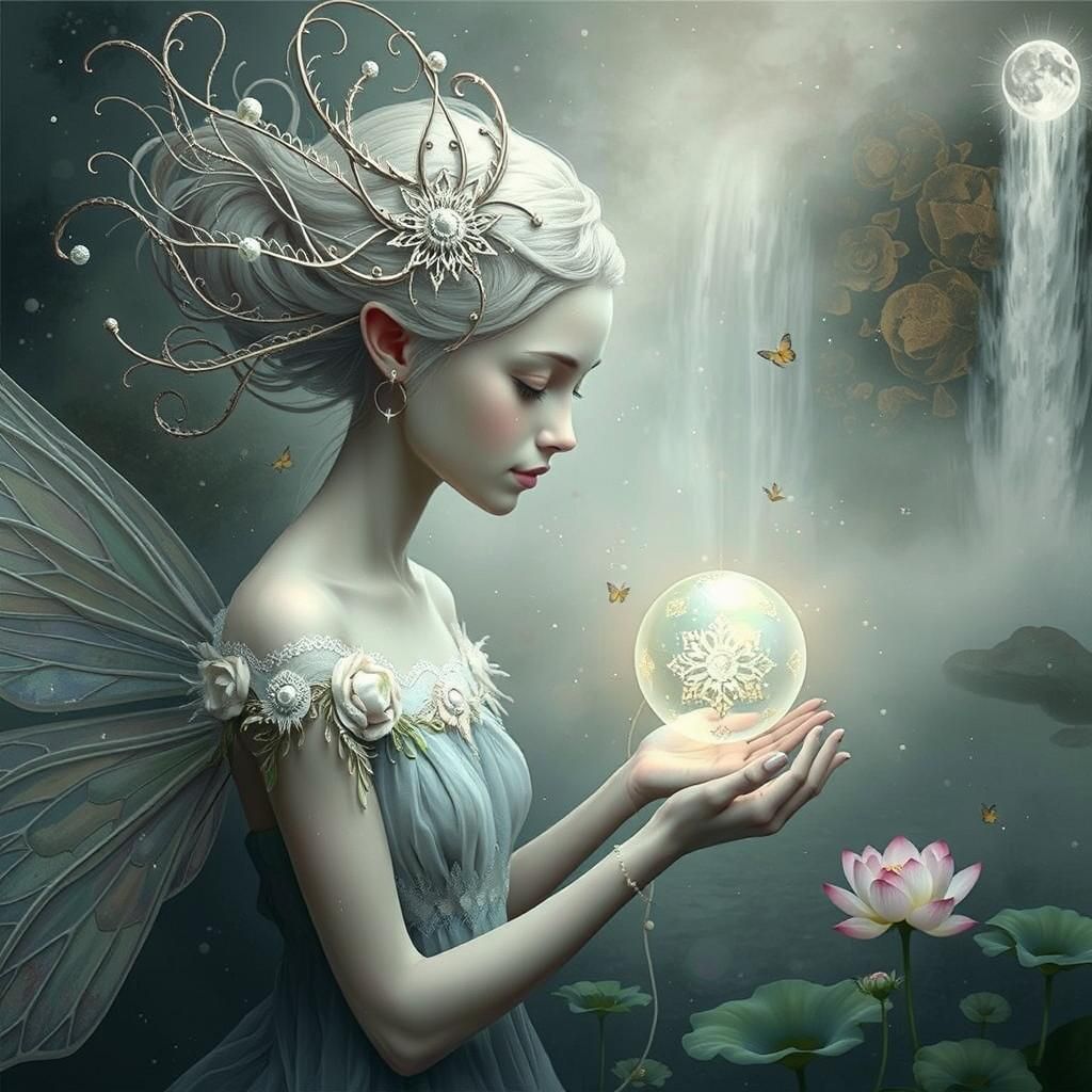 Ethereal Fairy with Glowing Orb in Surrealist Style