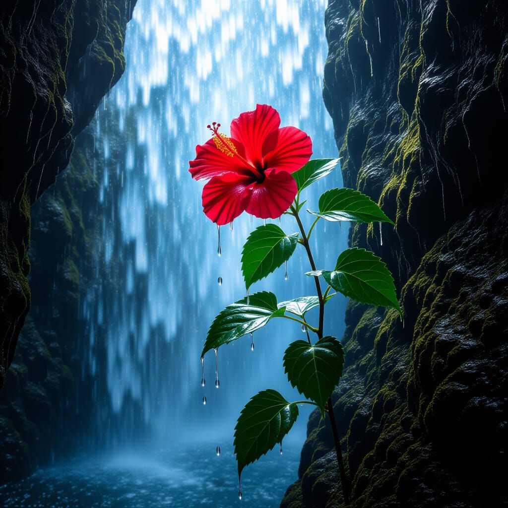 Lush Hibiscus Flower Behind Waterfall, Romantic Realism