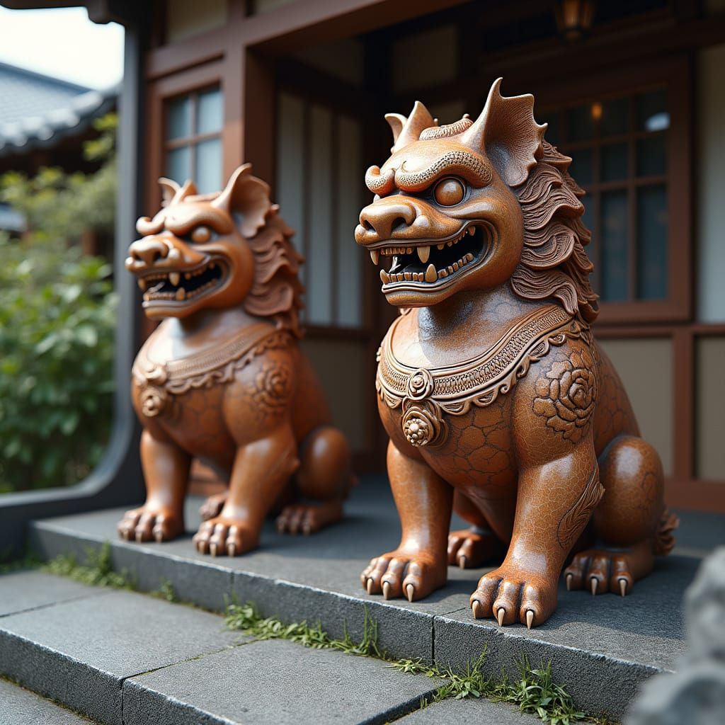 Realistic Shisa Statue Pair in Traditional Okinawan Style