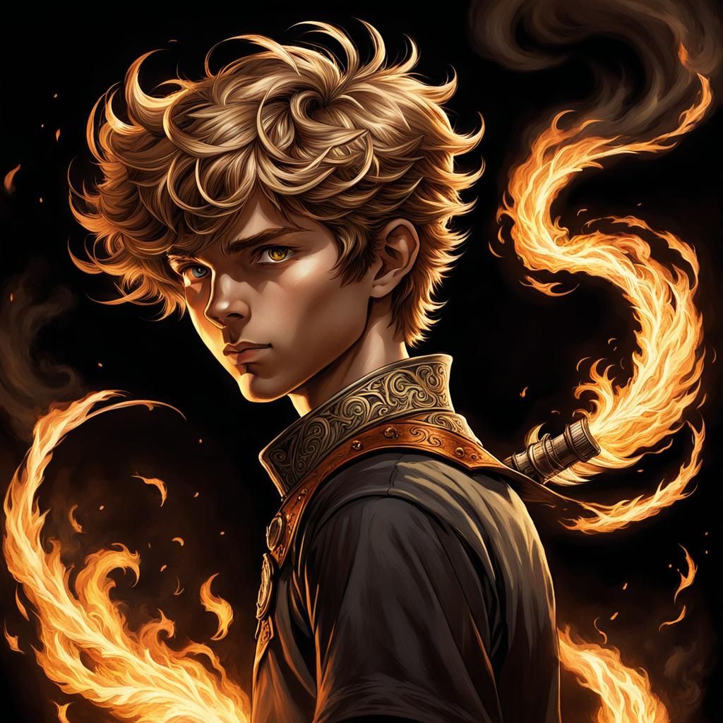 Anime Boy with Fire Swirls in Chiaroscuro Style