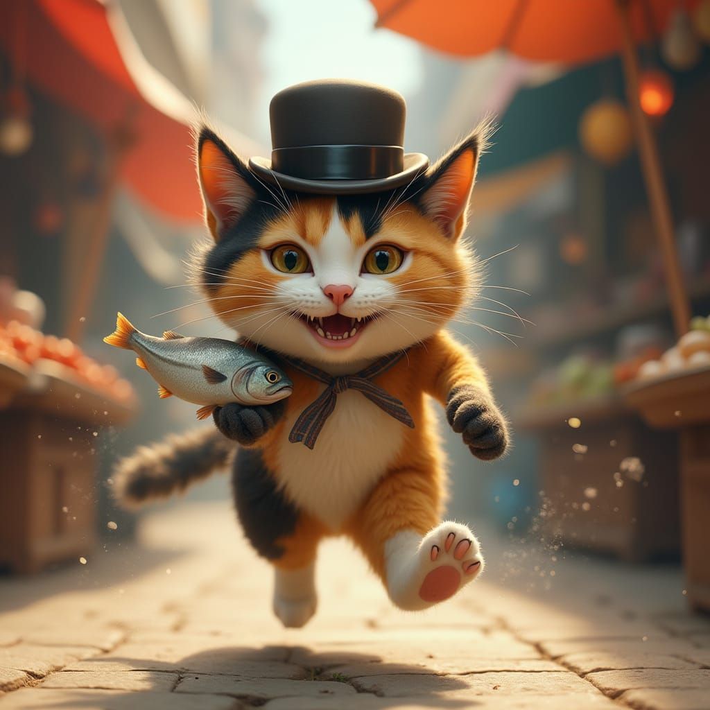 Calico Cat Steals Fish in Photorealistic Style