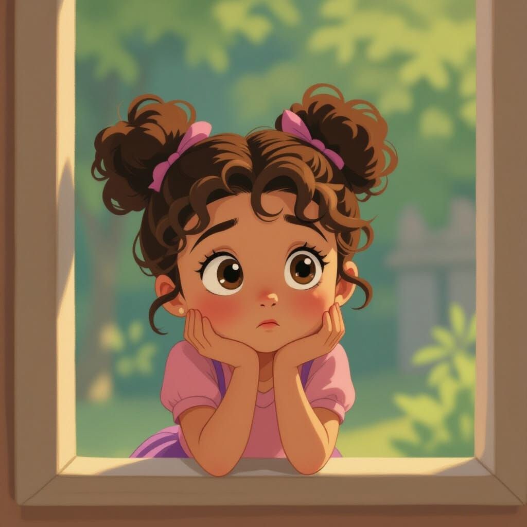Bored Girl Peeking from Window in Animated Style