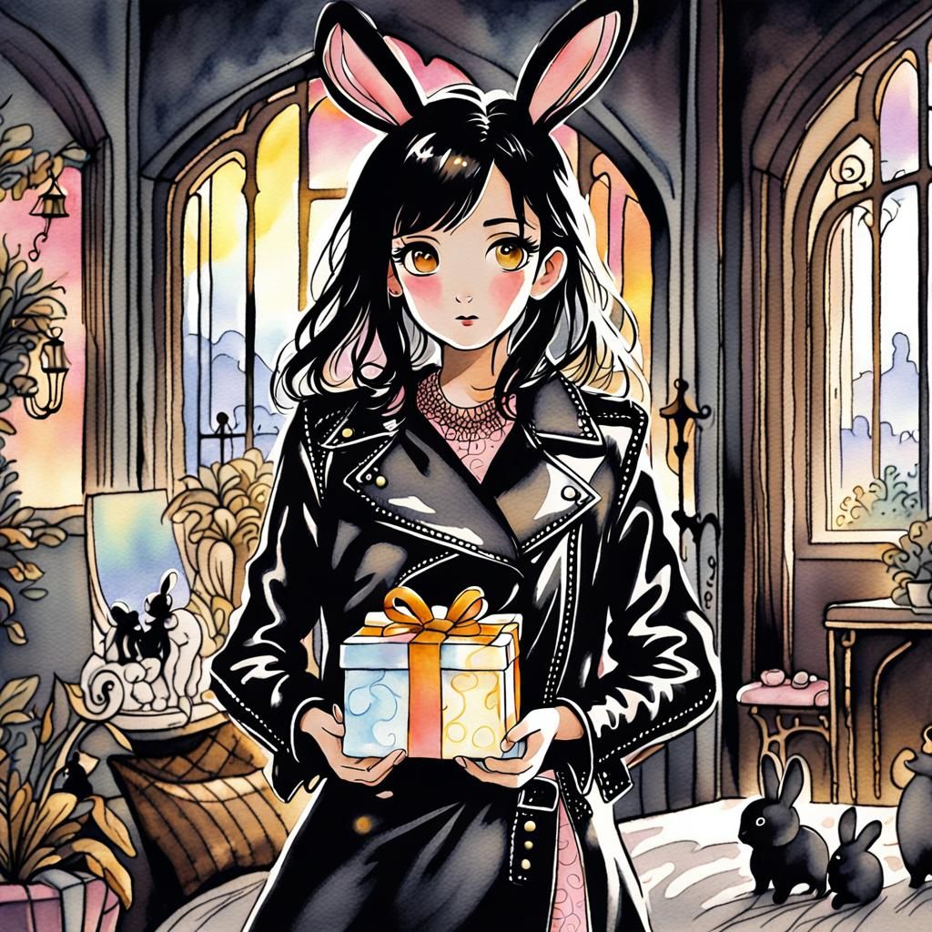Woman with Rabbit Ears in Gothic Bedroom Watercolor