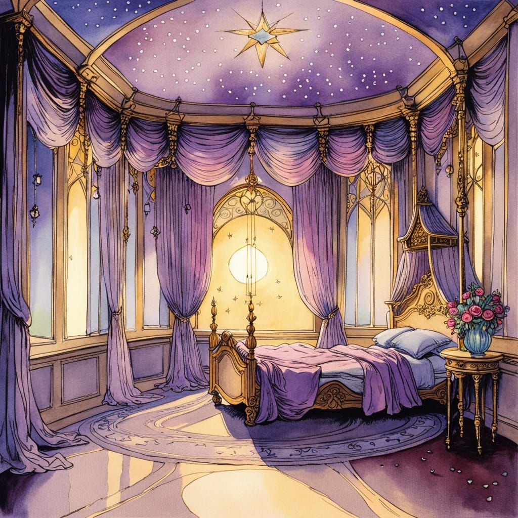 Fairytale Bedroom Illustration in Arthur Rackham Style