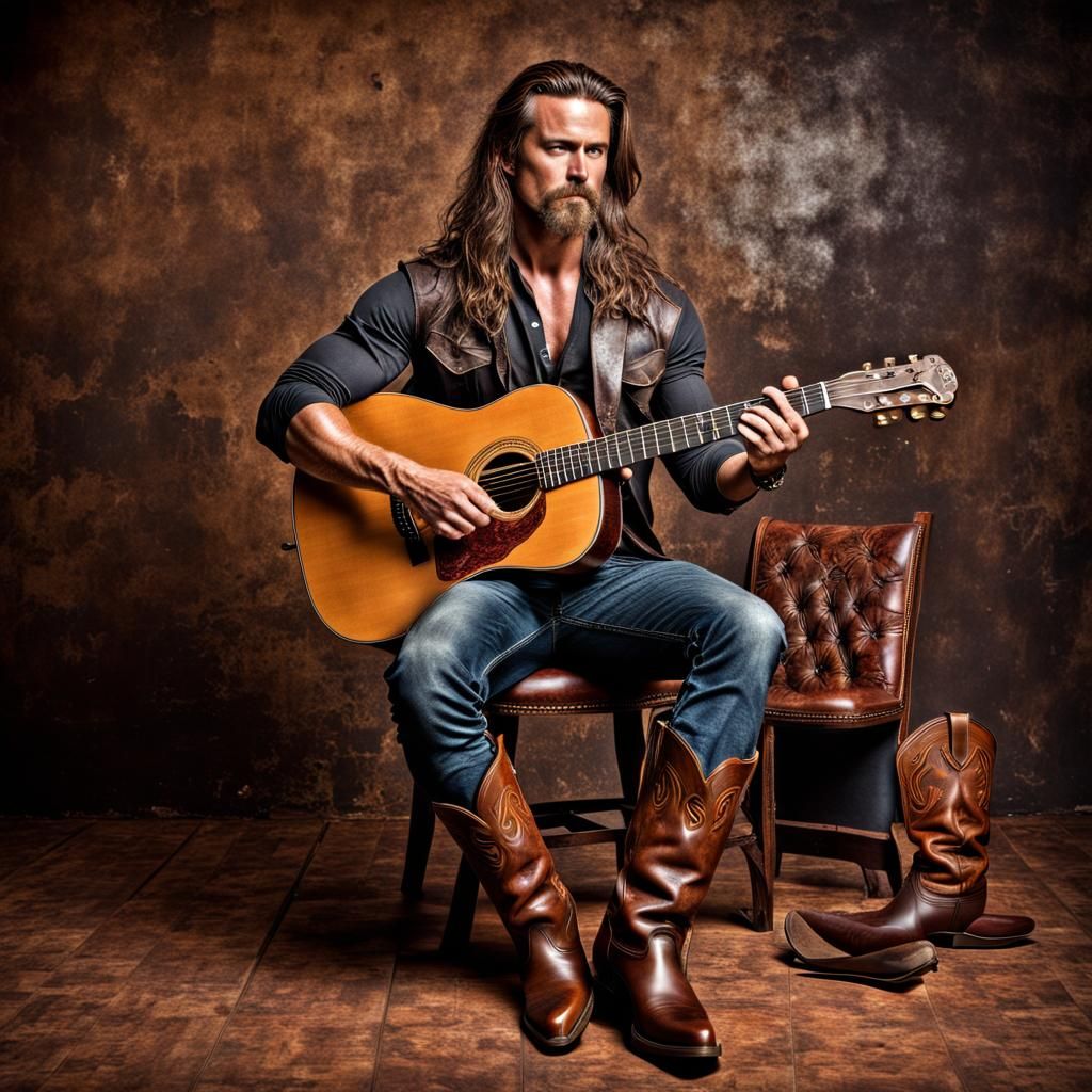 Handsome Muscular Man with Guitar in Cinematic Lighting