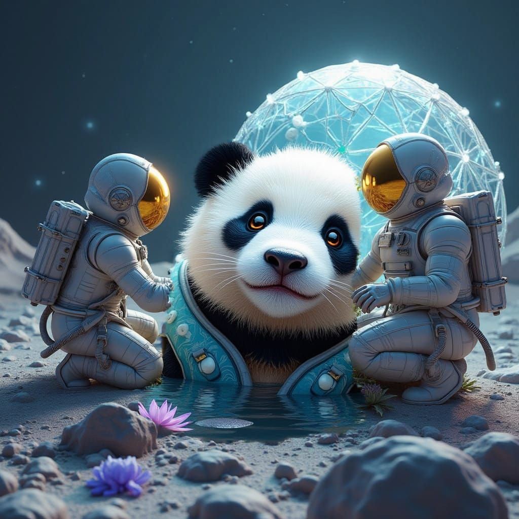 Serene Panda in Impressionist Water Scene