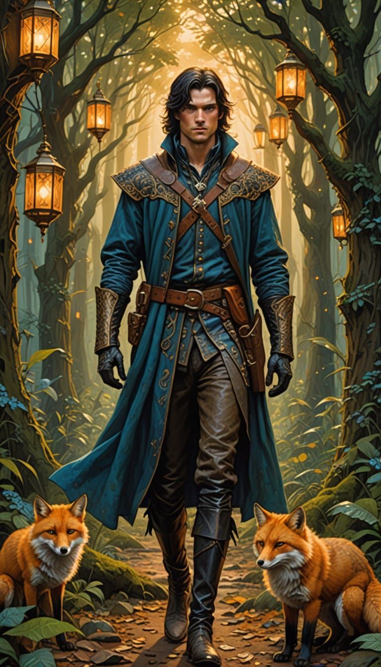 Medieval Hero Surrounded by Whimsical Forest Creatures