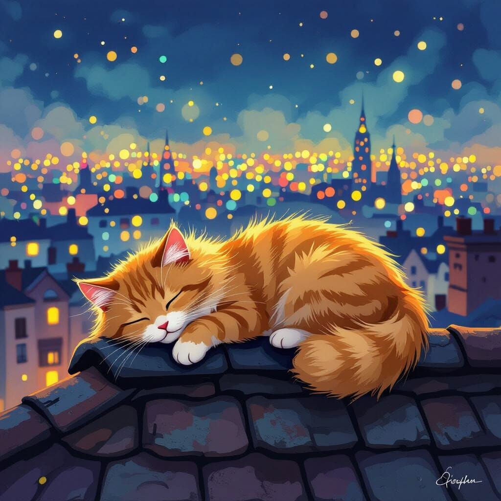 Hand-Drawn Cat Sleeps on Rooftop, Night City Bokeh