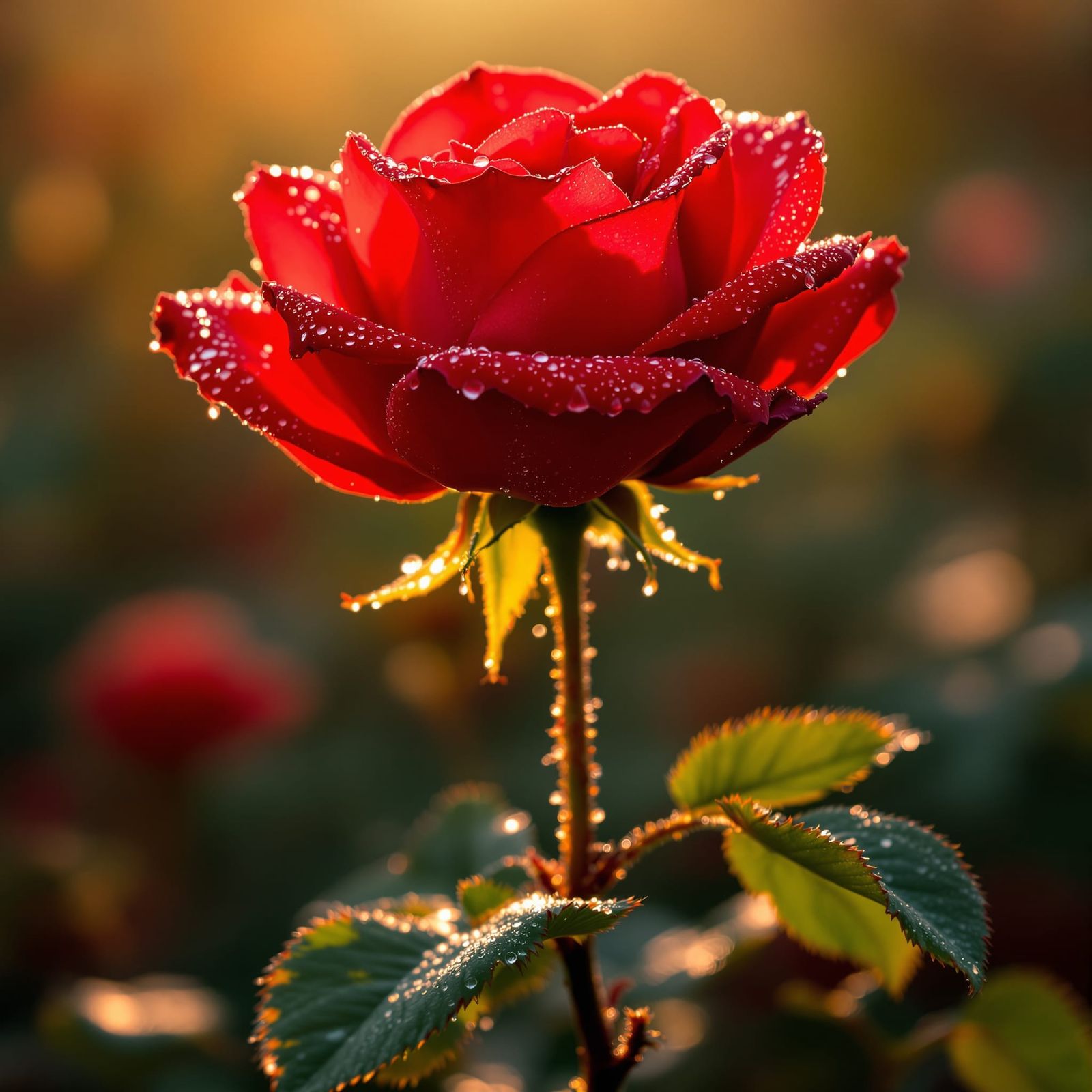 Hyperdetailed Red Rose With Dew Drops at Golden Hour