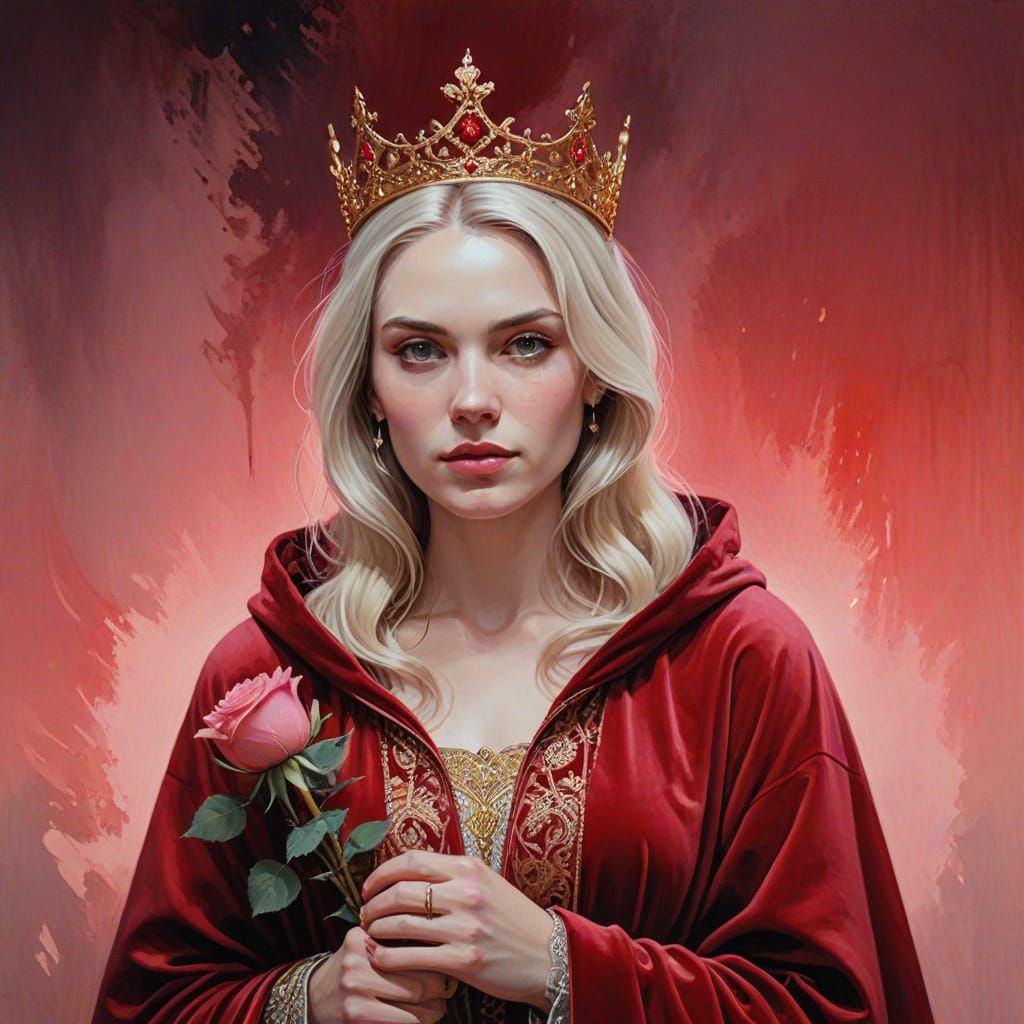 Woman in Scarlet Cloak Holding Rose: Ink Painting