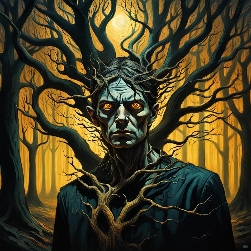 Person Confronting Inner Demon in Surrealist Portrait