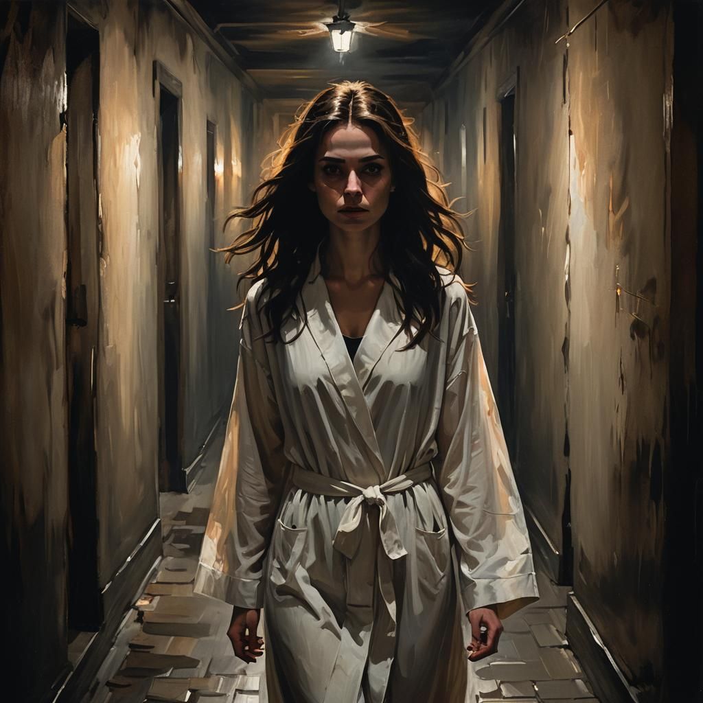 Brunette in Dark Corridor with Eerie Lighting
