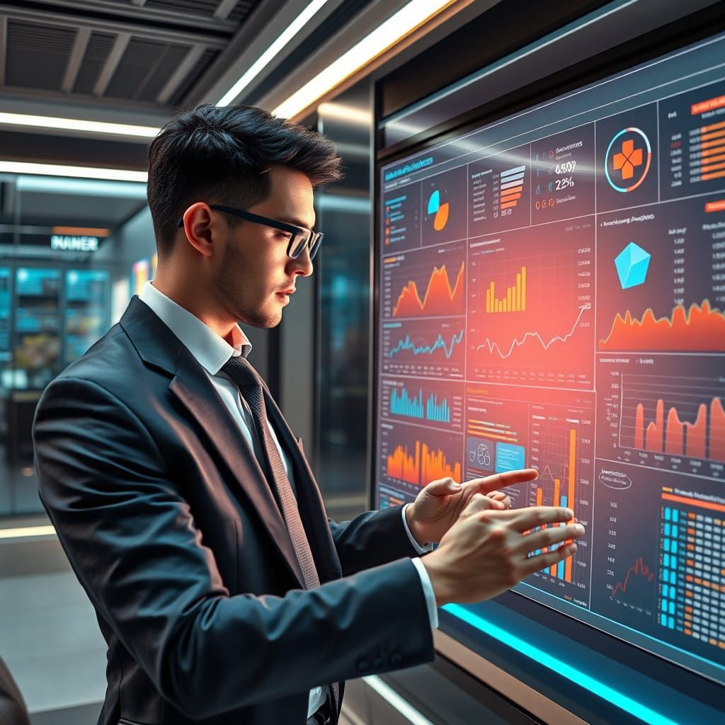 Futuristic AI Analytics Dashboard in Corporate Setting