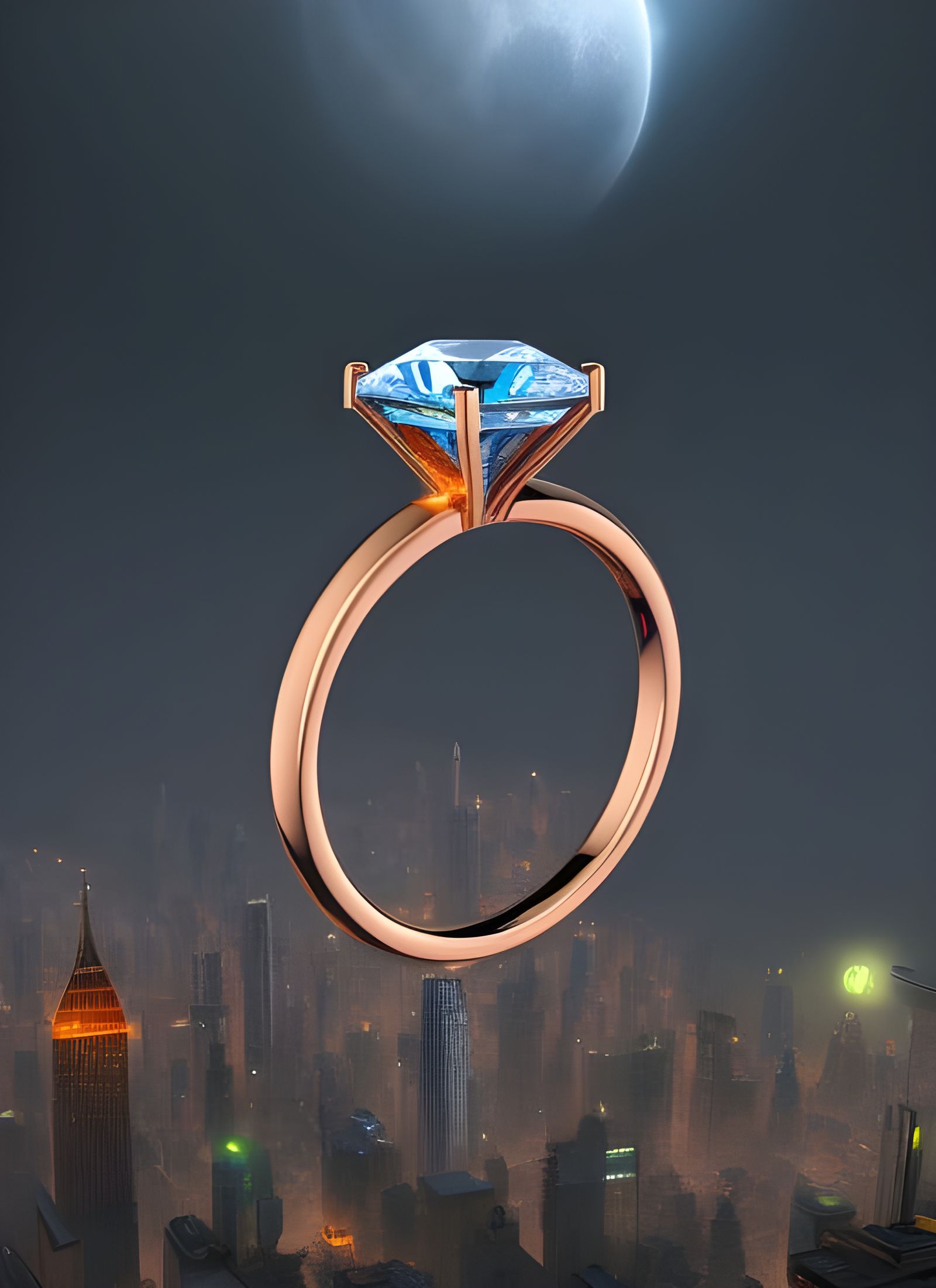 Diamond Ring Floating in City, Digital Illustration