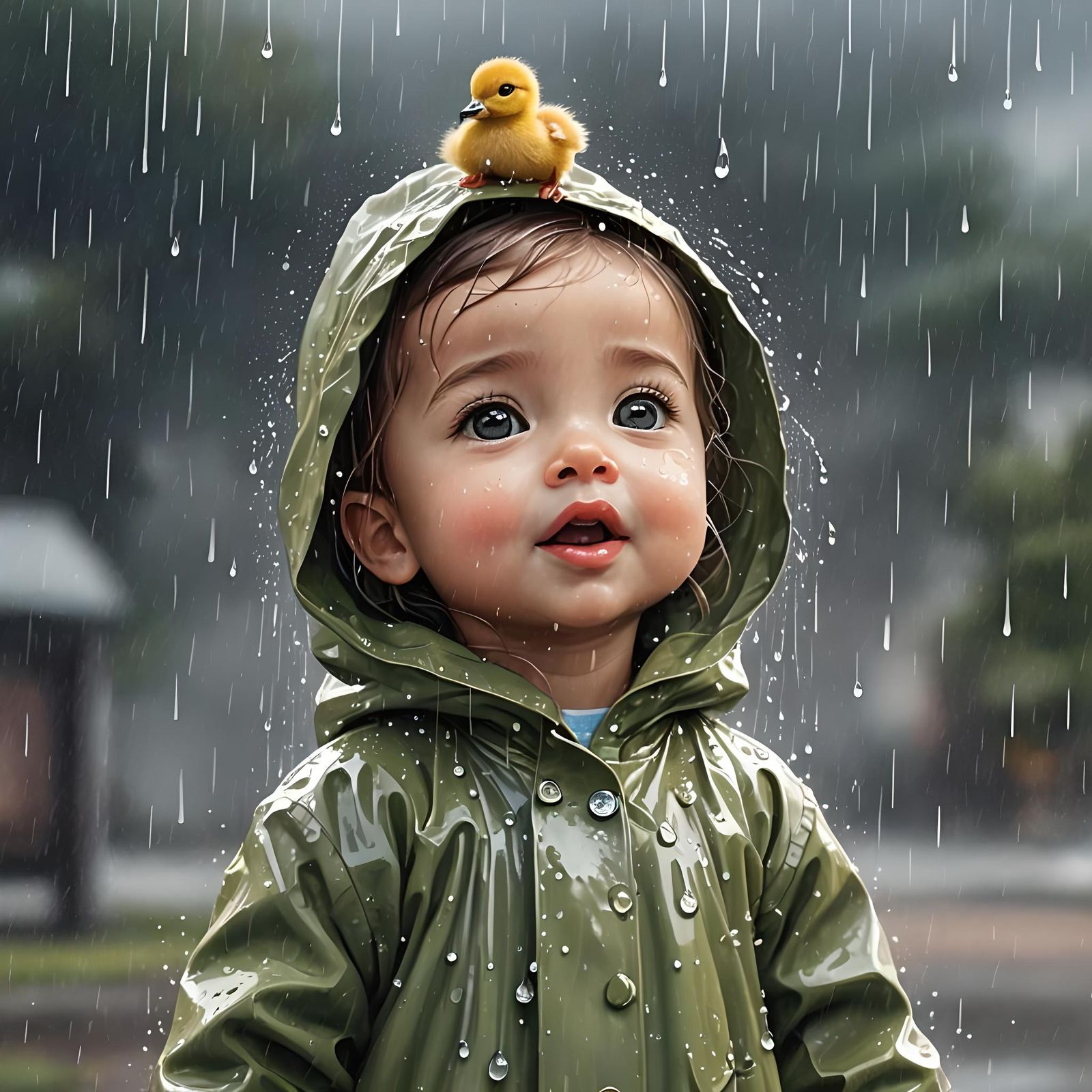 Duckling in Rain: Whimsical Storybook Illustration