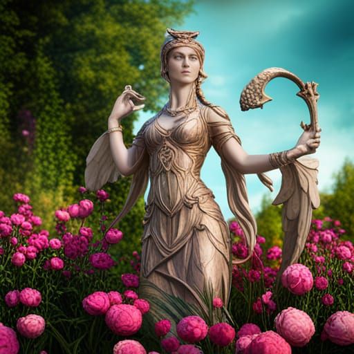 Artemis Statue in Flower Garden, Detailed Matte Painting