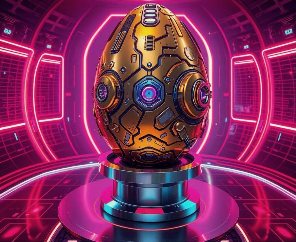 Golden Cybernetic Egg in Holographic Room