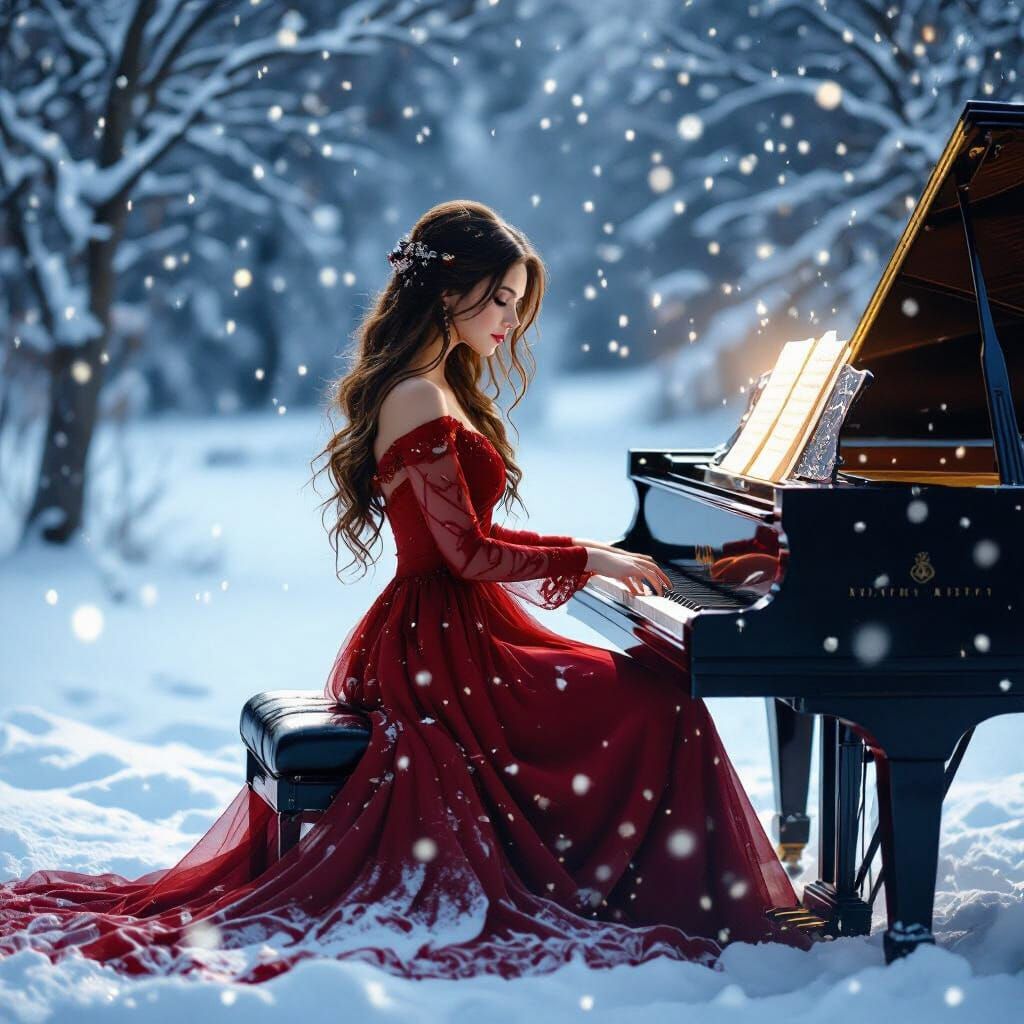 Woman in Red Dress Plays Piano in Snowy Landscape