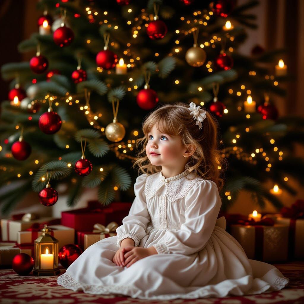 Victorian Girl by Ornate Christmas Tree with Red Orbs