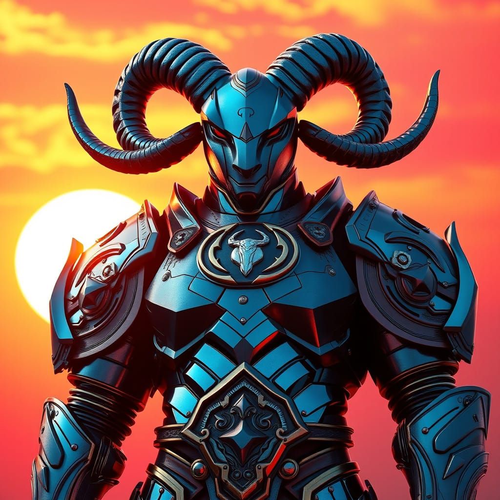 Hyperrealistic Digital Armor of Aries Zodiac in Sunset Glory