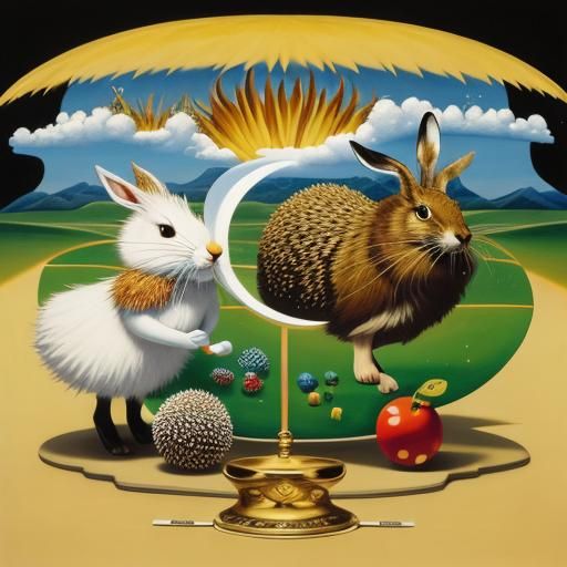 Hare and Hedgehog Race in Cartoon Surrealism
