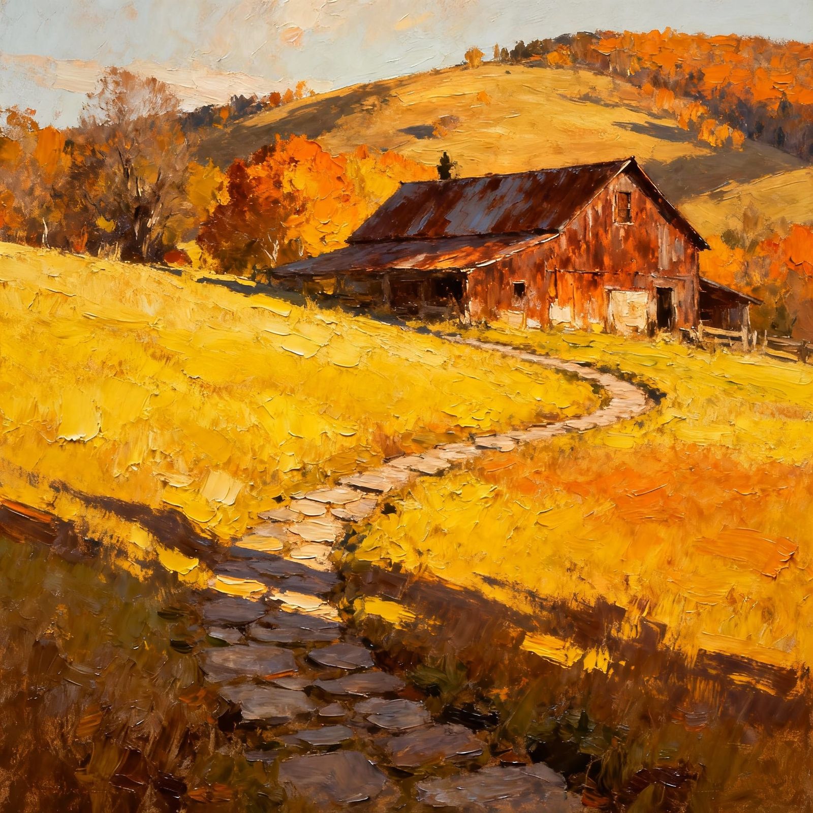 Autumn Farm Landscape in Thick Impasto Oil Painting Style