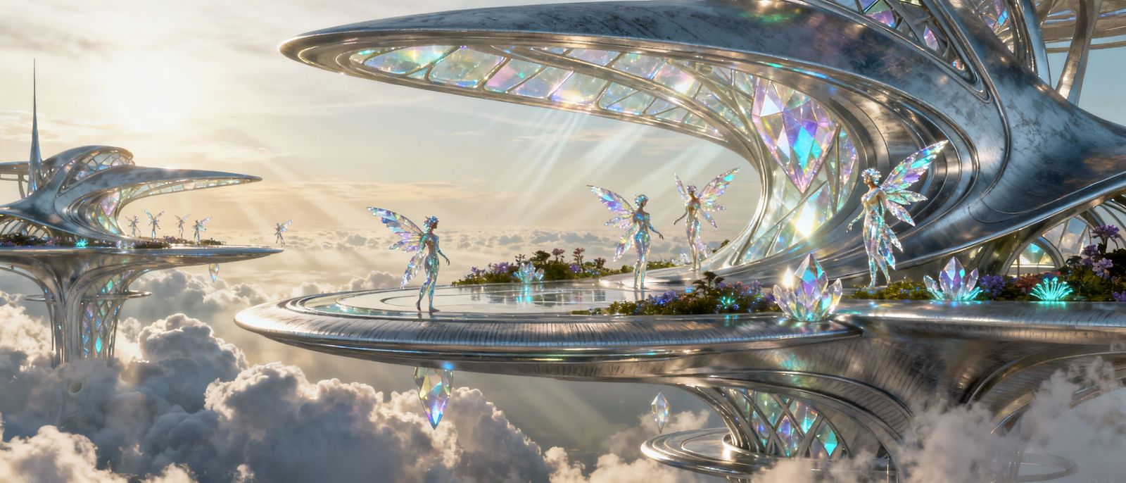Surreal Dreamworld of Flying Beings and Floating Glass Struc...