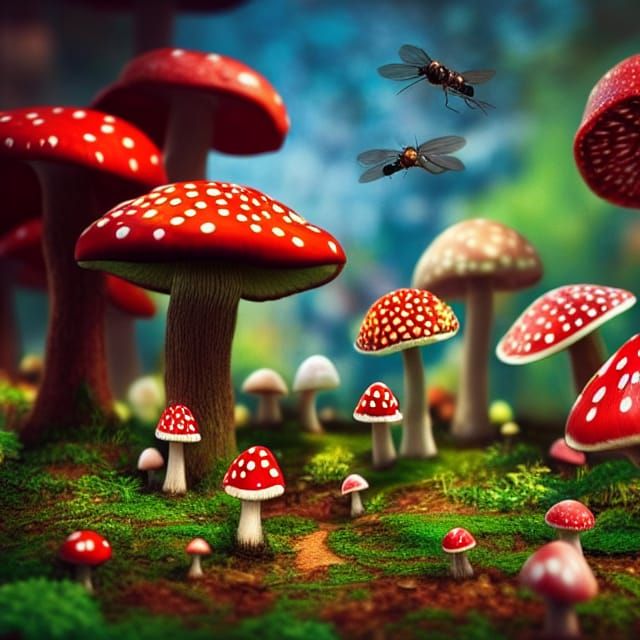 Vibrant Fly Agaric City in Wonderland Style