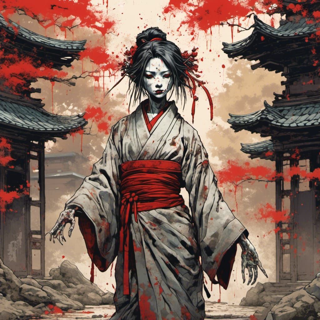 Samurai Zombie Woman in Splatter Graffiti Style