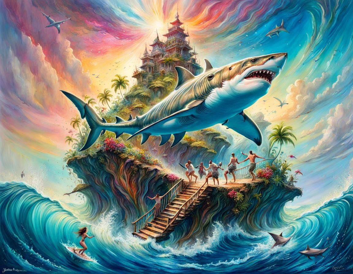 Shark Leaps from Ocean on Tropical Island