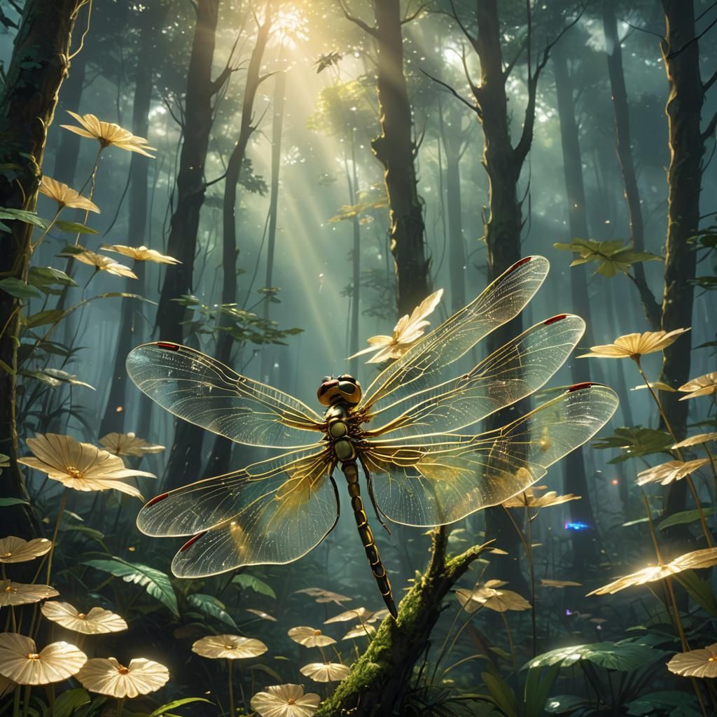 Golden Dragonfly in Misty Forest: 3D Anime Art