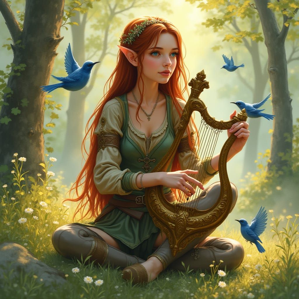 Wood Elf in Woodland Meadow, Watercolor Style