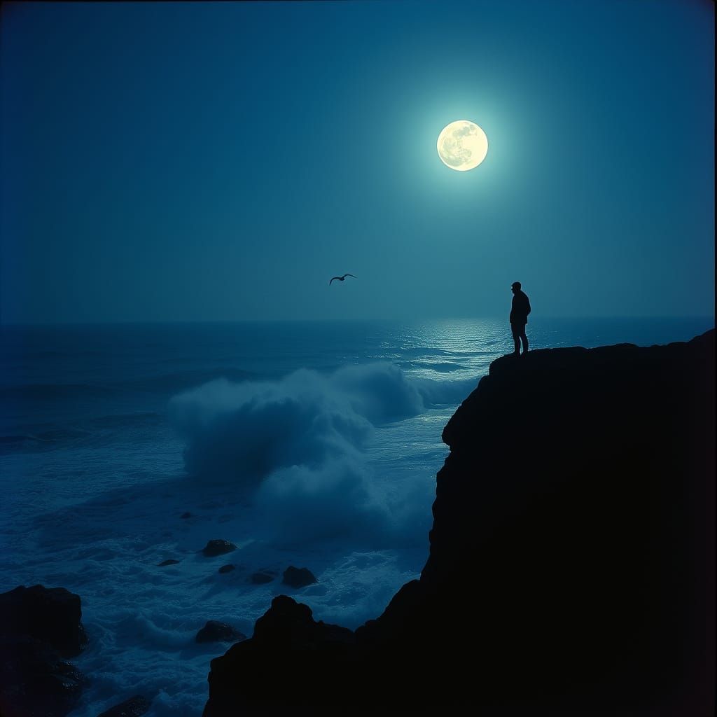 Dramatic Moonlit Cliffside Scene with Cinematic Lighting