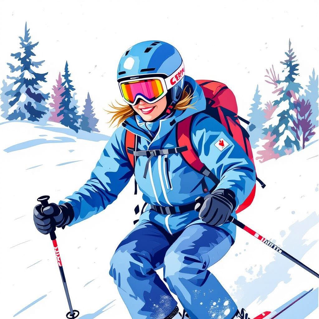 Colorful Cartoon Skier on Snowy Mountain in Watercolor Style