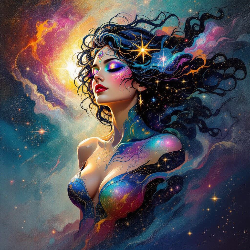 Cosmic Goddess Emerges from Nebula in Graffiti Art