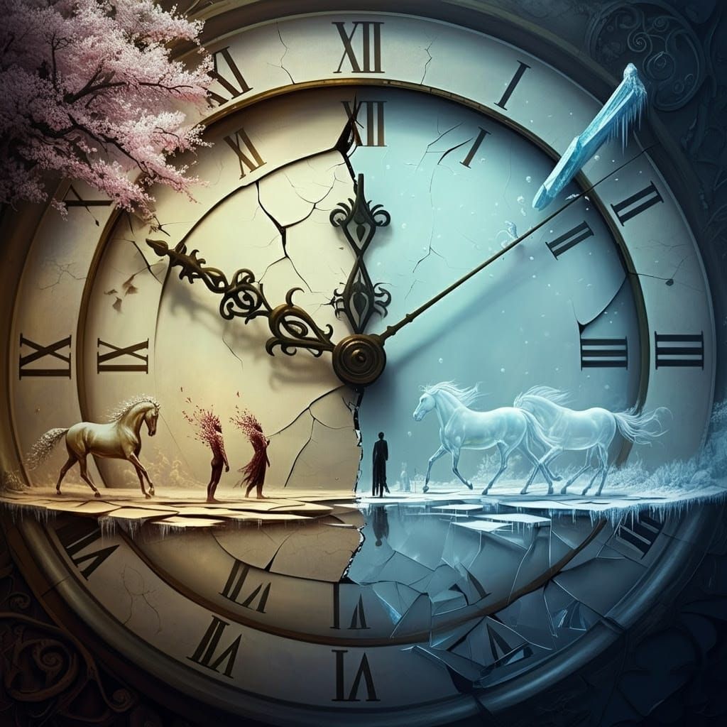 Time's Cosmic Balance: A Surreal Clockwork Landscape