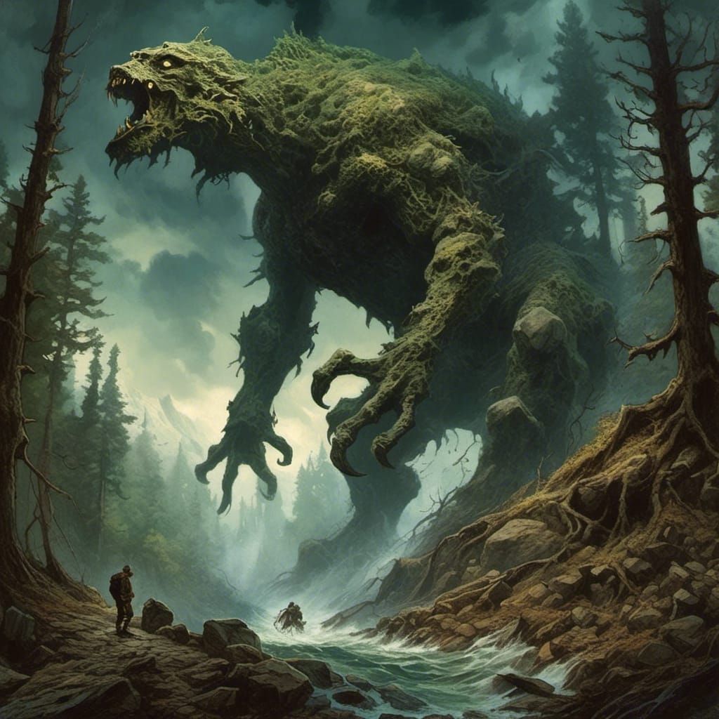 Gigantic Monster Emerges with Forest, Lovecraft Style
