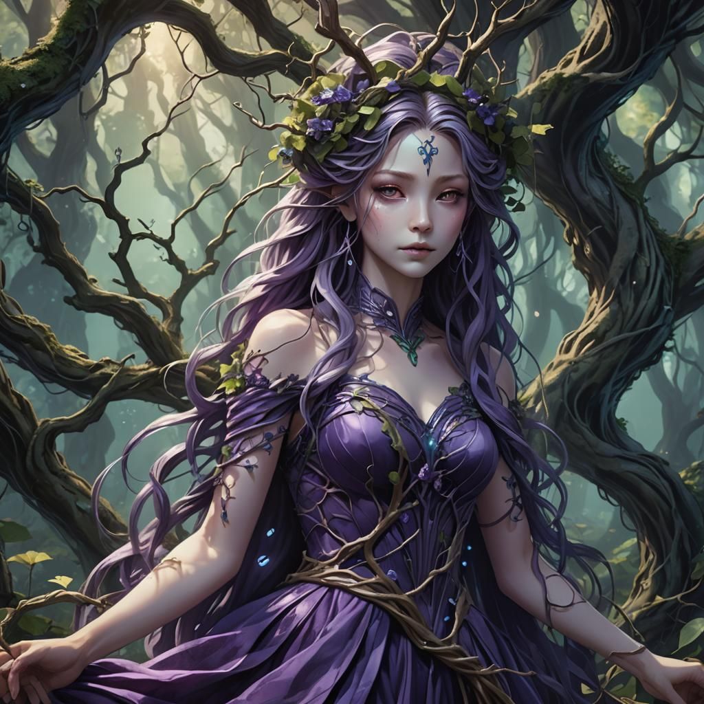 Forest Spirit in Violet Velvet Dress: Anime Style