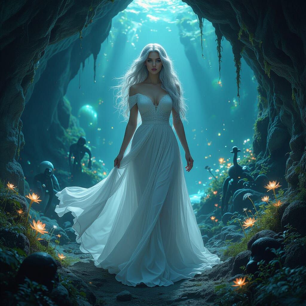 Bioluminescent Cavern: Spectral Woman in Ethereal Light
