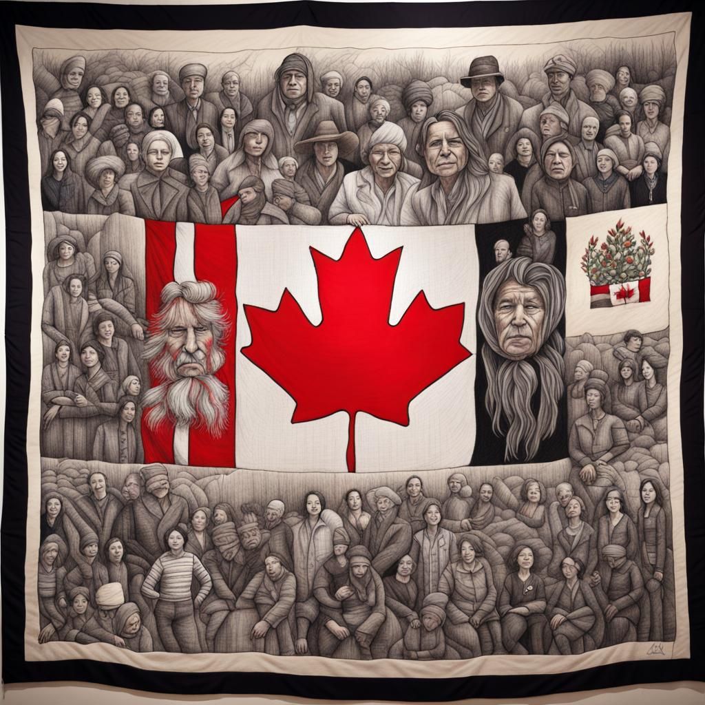 Detailed Charcoal Drawing: Canada as Woven Tapestry